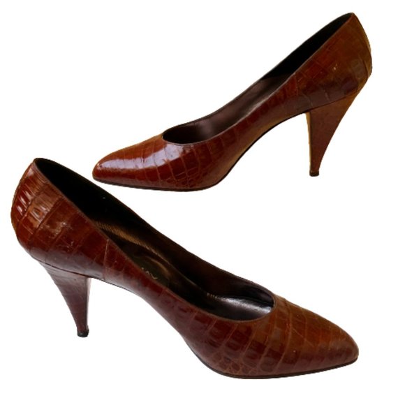 Mr. Jay Vintage 80's Italian Brown Croc Print Leather Pump Pointed Toe - Picture 5 of 16